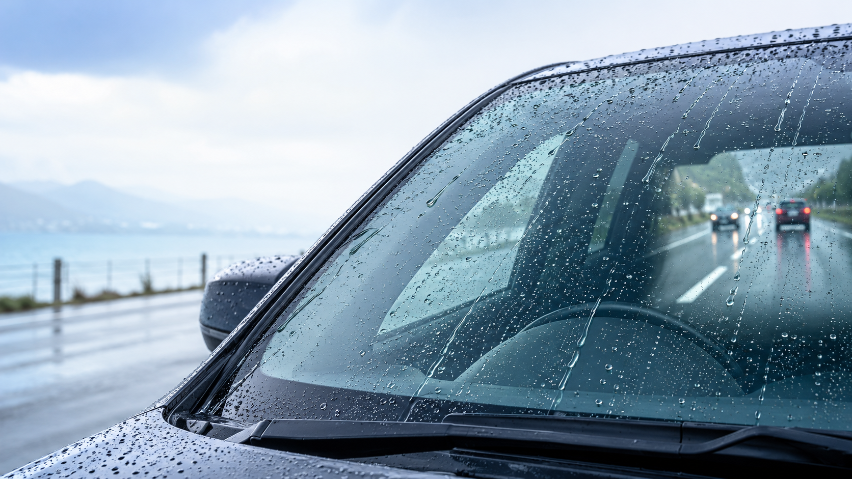 雨の日に水を弾くフロントガラス