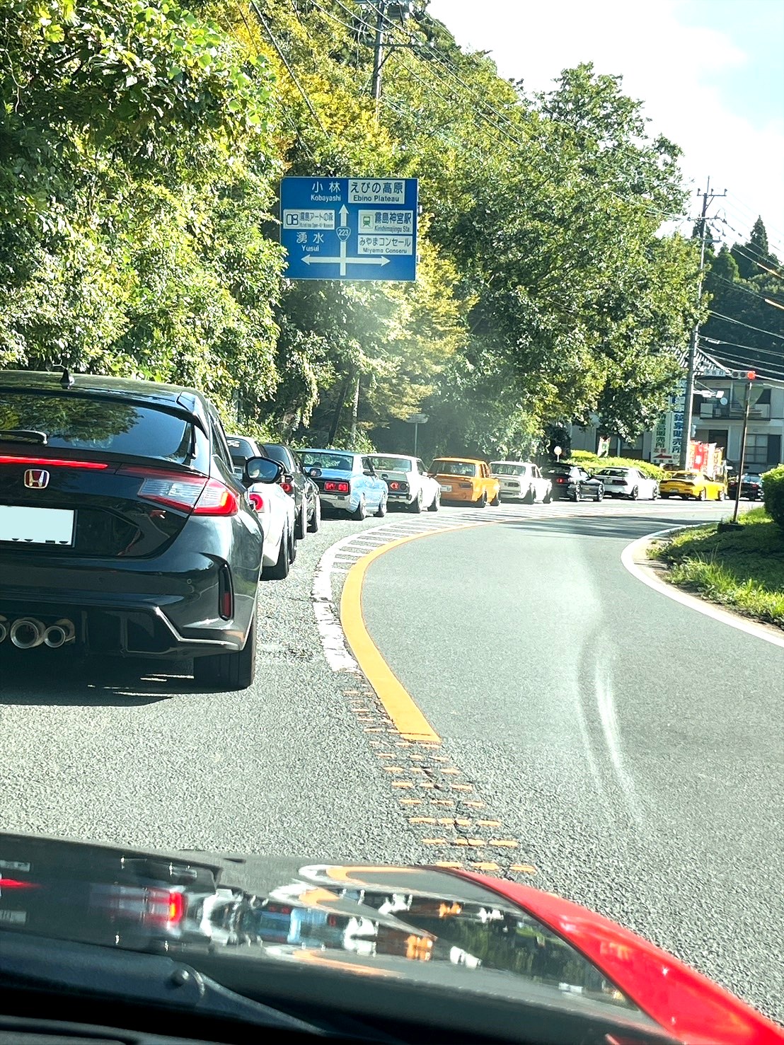 峠道に並ぶ旧車の列