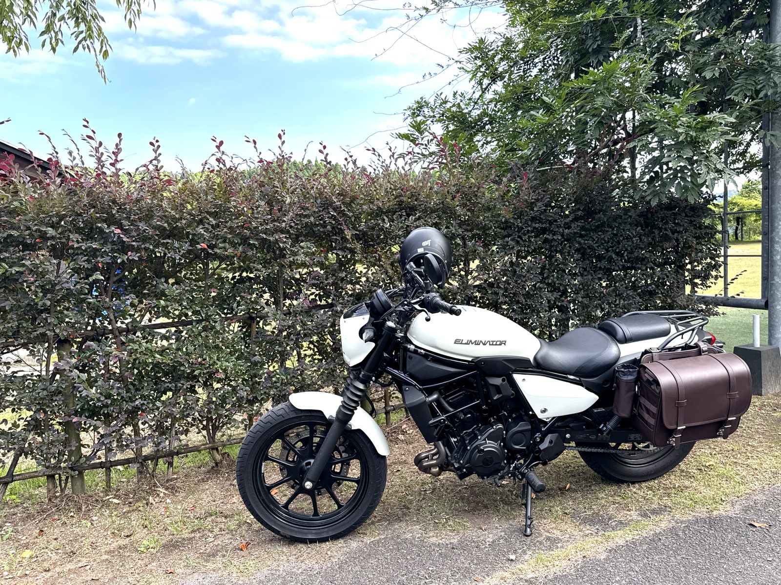 生け垣の前に停めたバイク